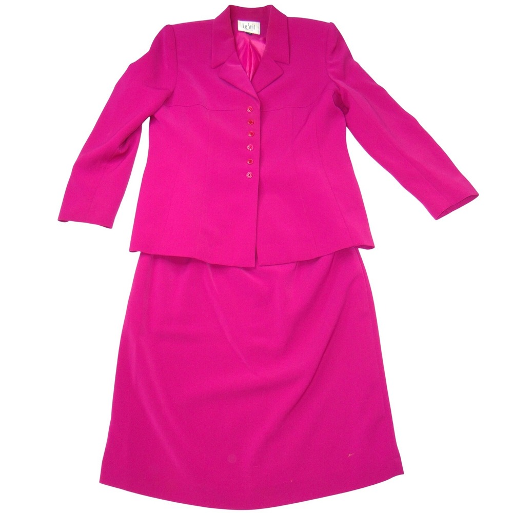 Le Suit Vintage Petite Women Magenta Pink 2 Piece Skirt Suit Blazer Set Size 10P